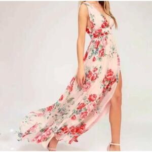 LULUS Garden Meandering Blush Floral Print Maxi Dress Medium Cottage Coquette